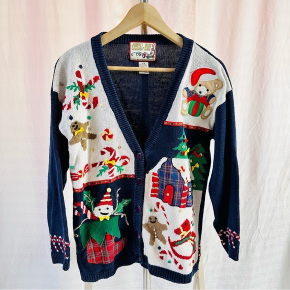 Vintage Holiday Christmas Cardigan Navy Blue Crystal-Kobe Size Medium V Neck - Picture 1 of 12